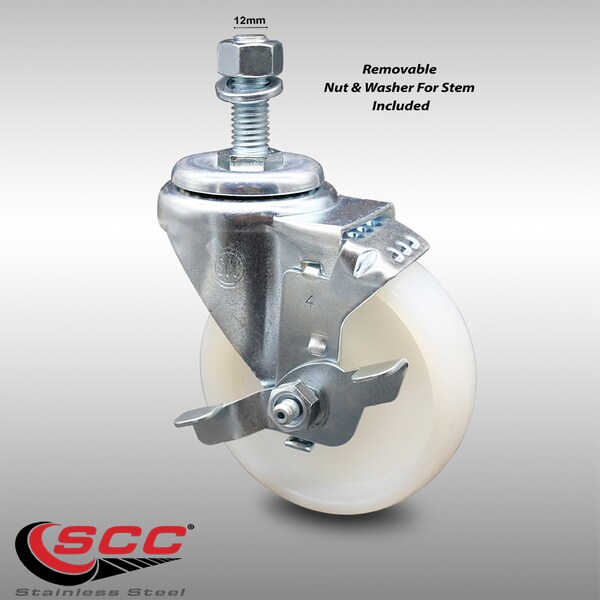 Service Caster 4 Inch SS Nylon Wheel Swivel 12mm Threaded Stem Caster with Brake SCC SCC-SSTS20S414-NYS-TLB-M1215 - main